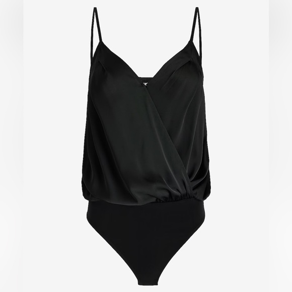 Express Black Satin Pleated Faux Wrap Cami Bodysuit NEW - Picture 3 of 5